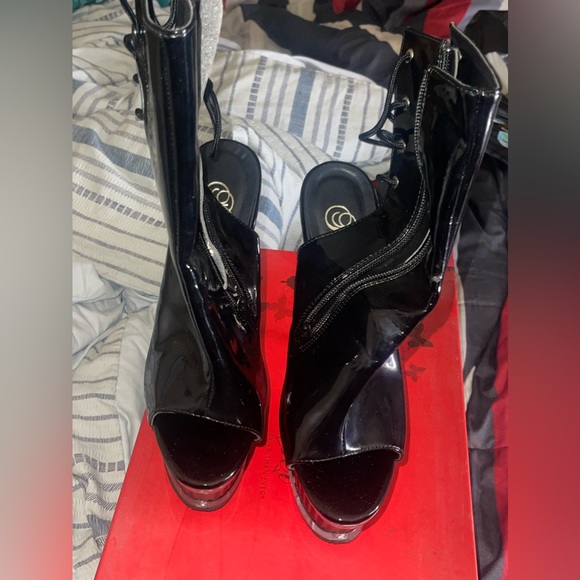 Black Exotic Dance Latex Lace Back Open Toe Platform Heel - Picture 6 of 6